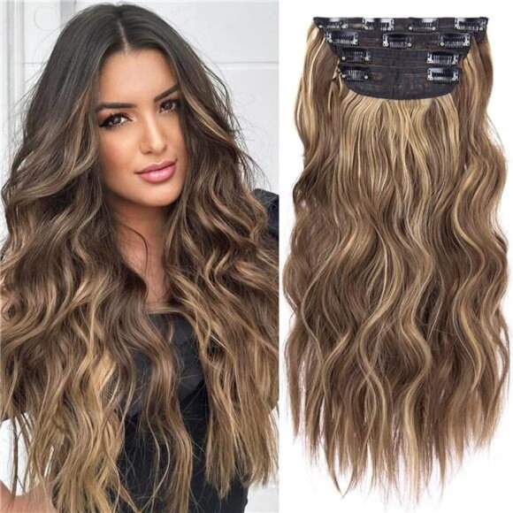 4PCS Clip in Hair Extensions, Honey Blonde Mixed Light Brown